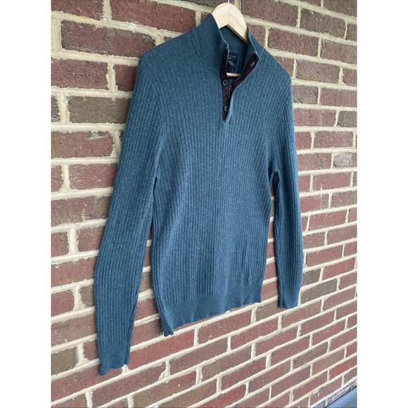 The Mens Store Bloomingdales Cashmere Silk Rib Sweater L Leather Trim 1/4 Zip - Picture 3 of 11